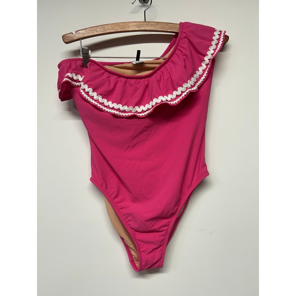 J.Crew Pink One Shoulder Ruffle One Piece Swimsuit Ric Rac Trim Size 6 - Picture 2 of 7